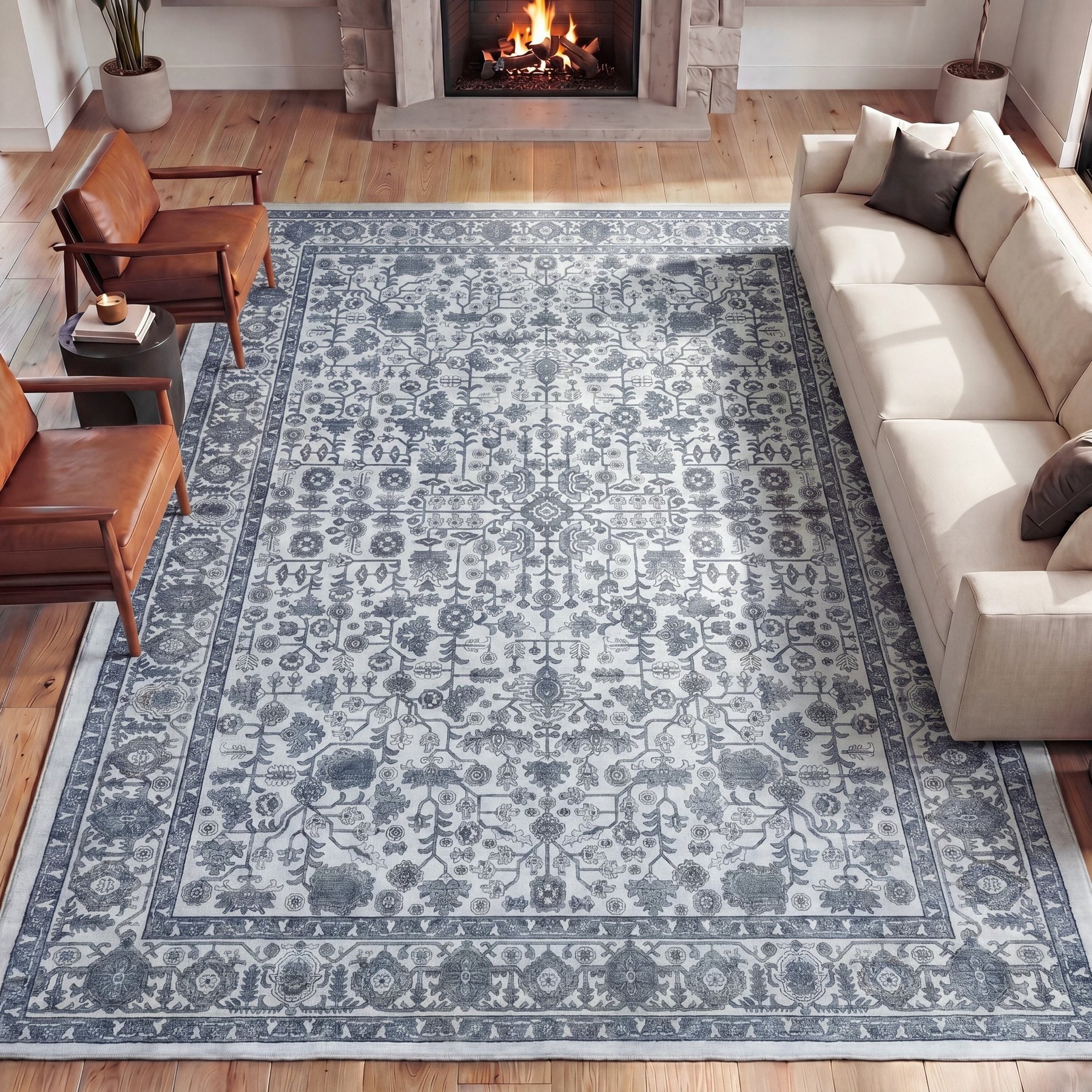 JONATHAN Y Subtlety Medallion All-Over Floral Border Non-Slip Machine-Washable Area Rug, Blue/Ivory, 8 x 10-ft