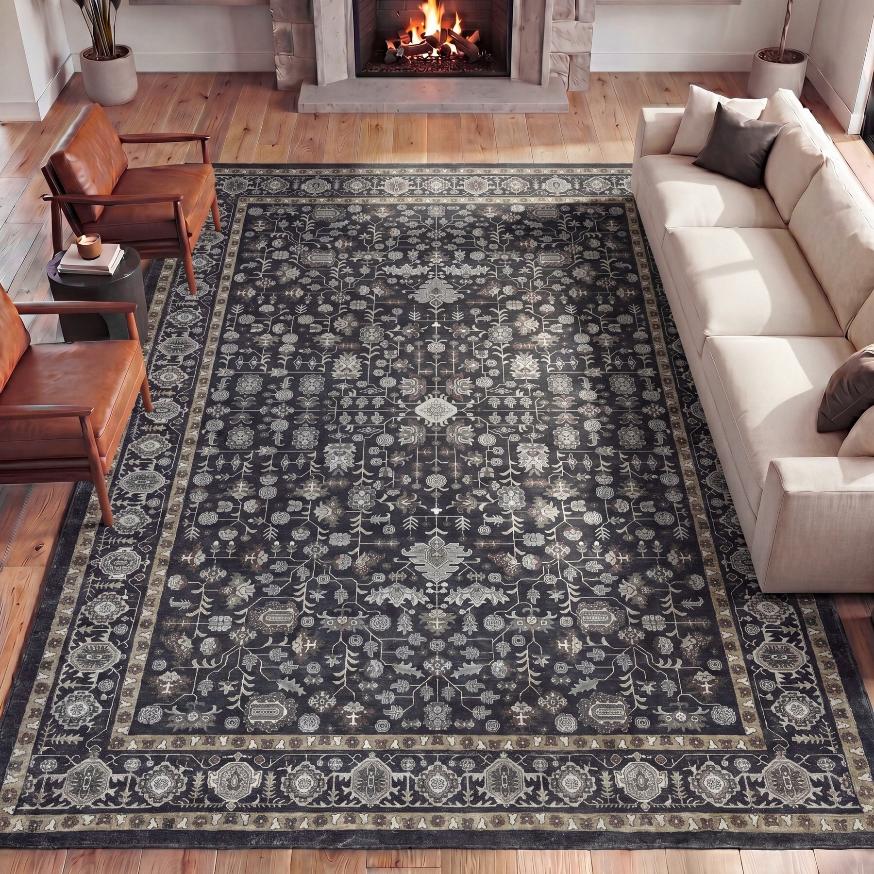 JONATHAN Y Subtlety Medallion All-Over Floral Border Non-Slip Machine-Washable Area Rug, Charcoal/Ivory, 4 x 6-ft