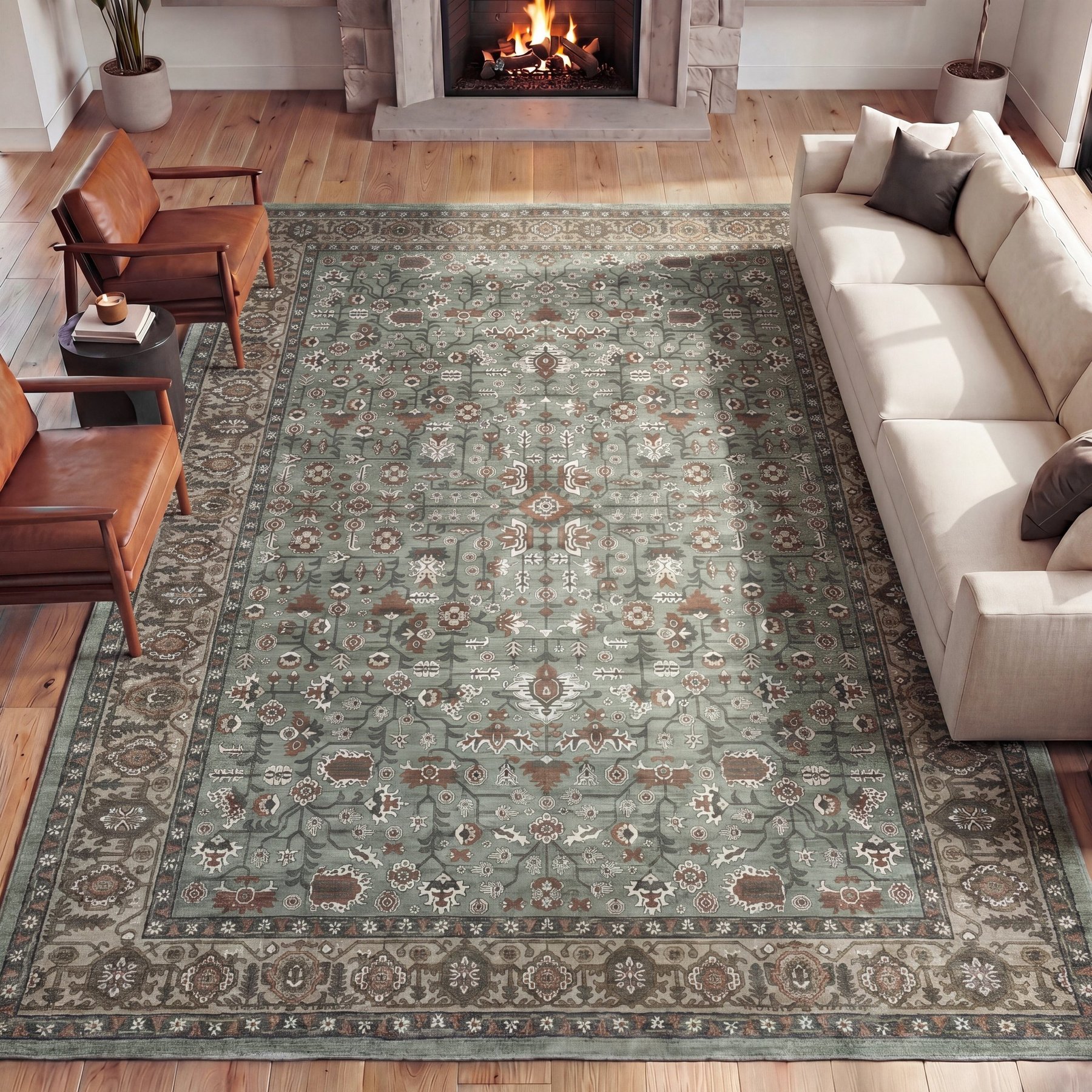 JONATHAN Y Subtlety Medallion All-Over Floral Border Non-Slip Machine-Washable Area Rug, Green/Brown, 9 x 12-ft