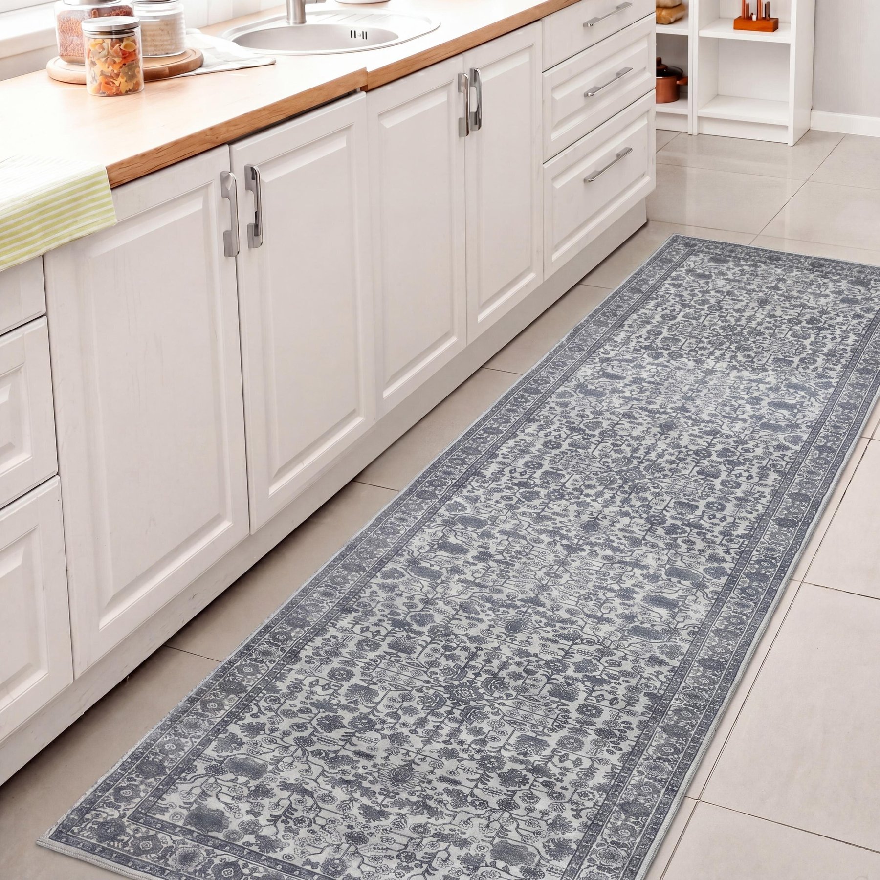 JONATHAN Y Subtlety Medallion All-Over Floral Border Non-Slip Machine-Washable Area Rug, Blue/Ivory, 2 x 8-ft