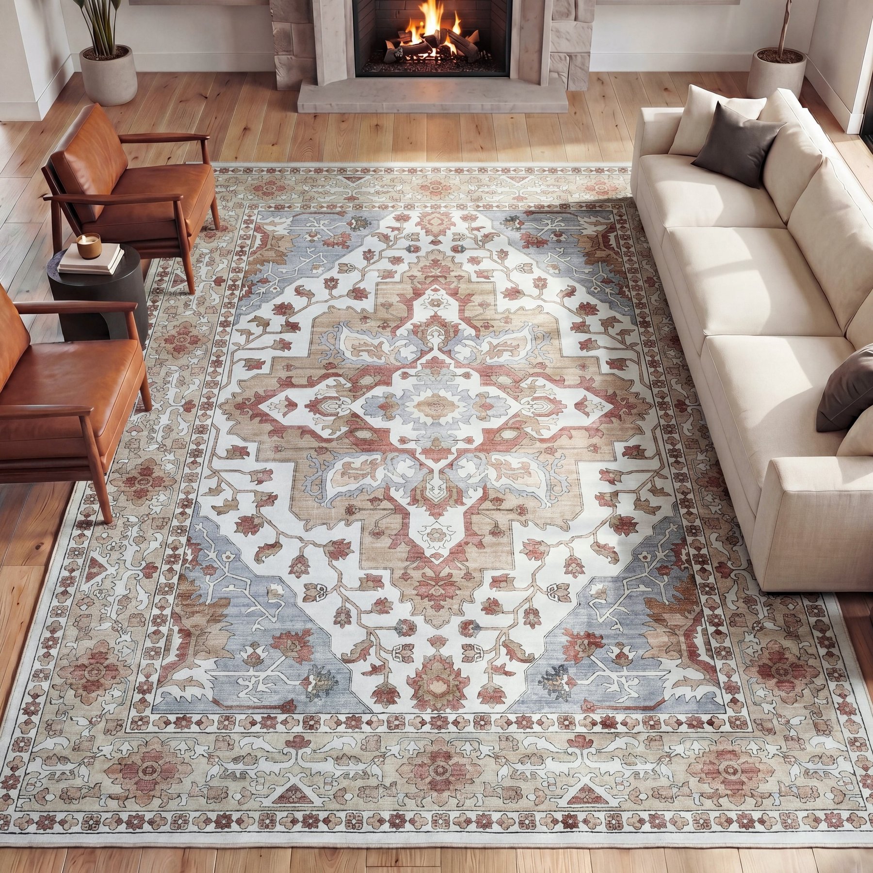 JONATHAN Y Superbia Boho Medallion Border Non-Slip Machine-Washable Area Rug, Rose Clay/Cream, 5 x 8-ft