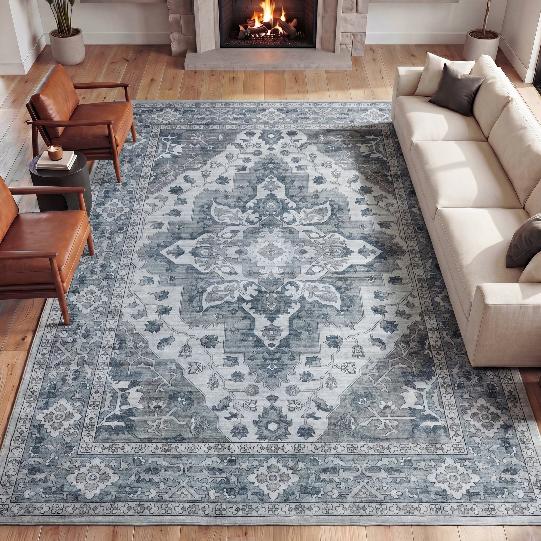 JONATHAN Y Superbia Boho Medallion Border Non-Slip Machine-Washable Area Rug, Blue/Gray, 8 x 10-ft