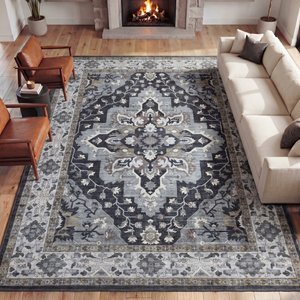 JONATHAN Y Superbia Boho Medallion Border Non-Slip Machine-Washable Area Rug, Gray/Charcoal, 8 x 10-ft