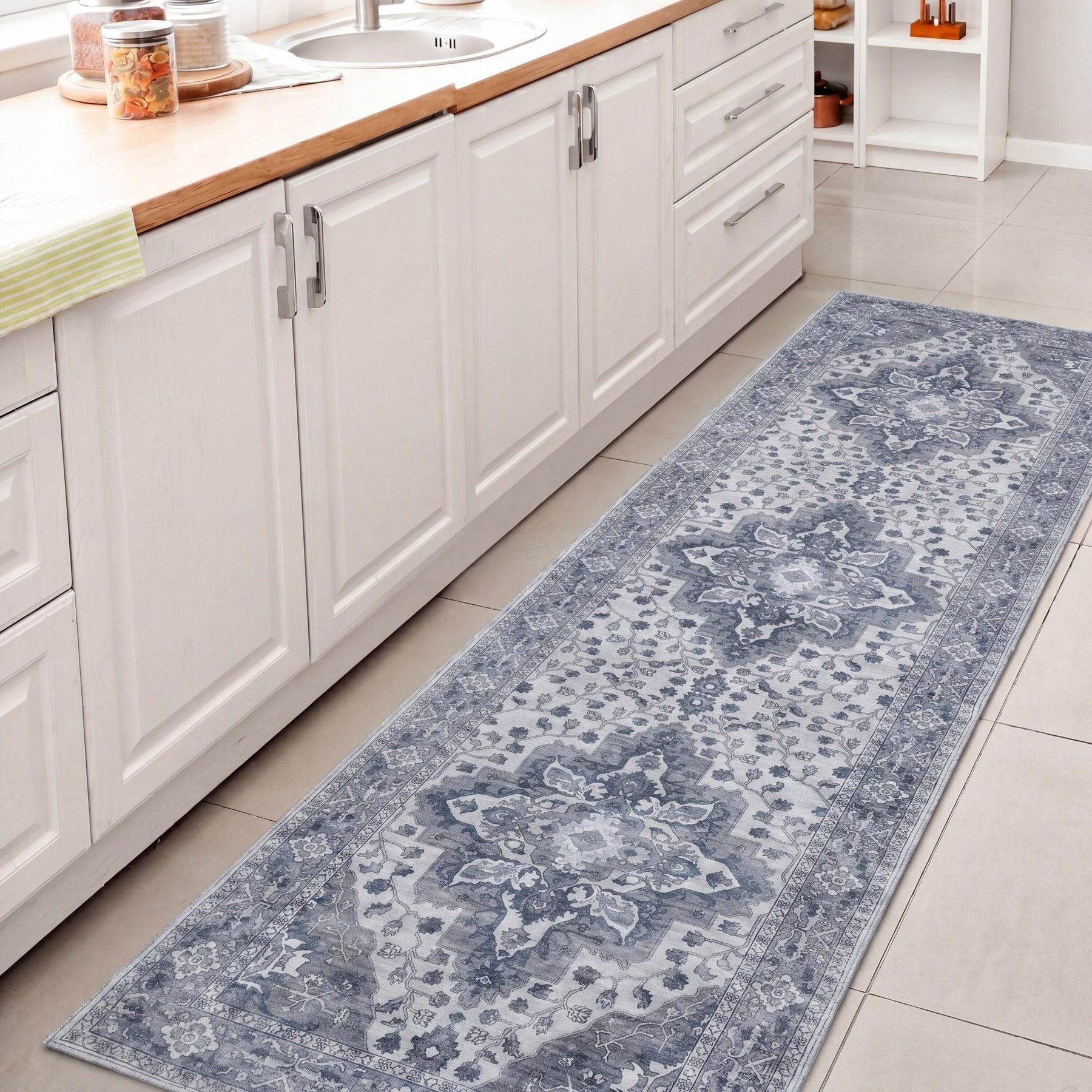 JONATHAN Y Superbia Boho Medallion Border Non-Slip Machine-Washable Area Rug, Blue/Gray, 2 x 8-ft