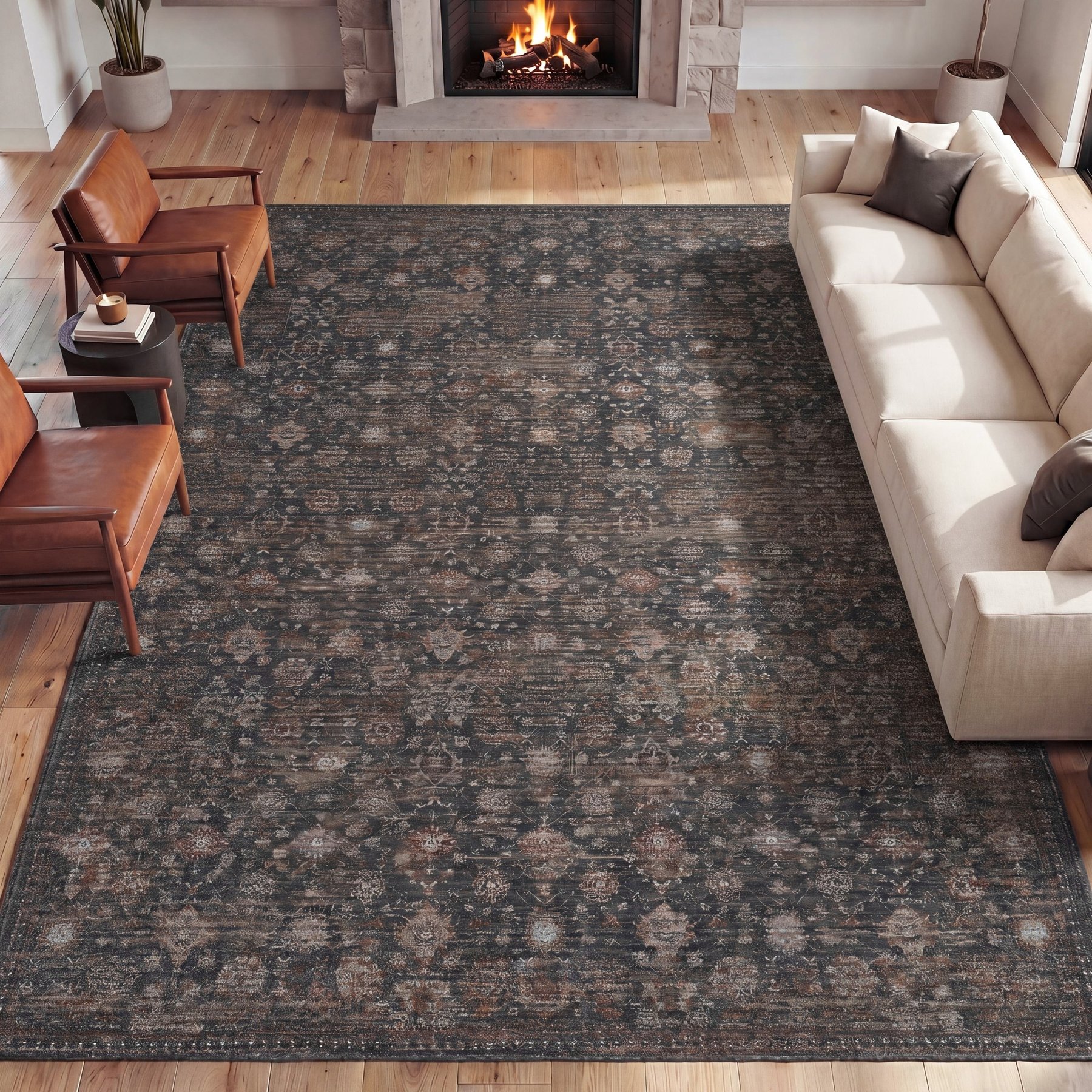 JONATHAN Y Petunia Distressed All-Over Floral Border Non-Slip Machine-Washable Area Rug, Rust/Charcoal, 5 x 8-ft