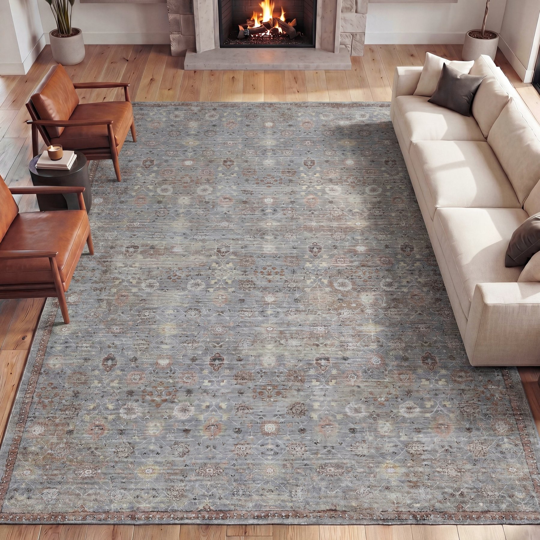 JONATHAN Y Petunia Distressed All-Over Floral Border Non-Slip Machine-Washable Area Rug, Rose Clay/Gray, 9 x 12-ft