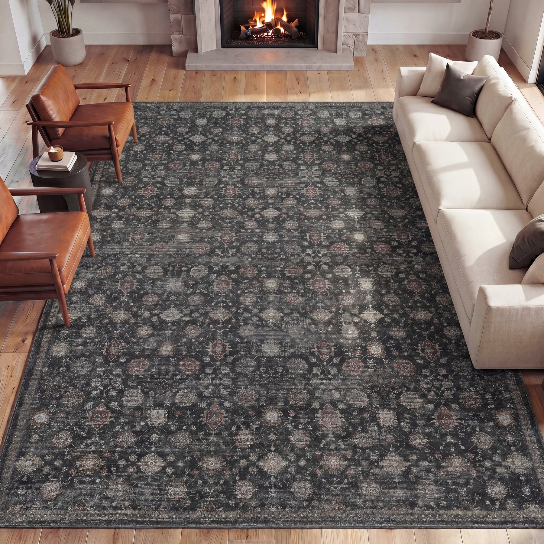 JONATHAN Y Petunia Distressed All-Over Floral Border Non-Slip Machine-Washable Area Rug, Charcoal/Red, 9 x 12-ft