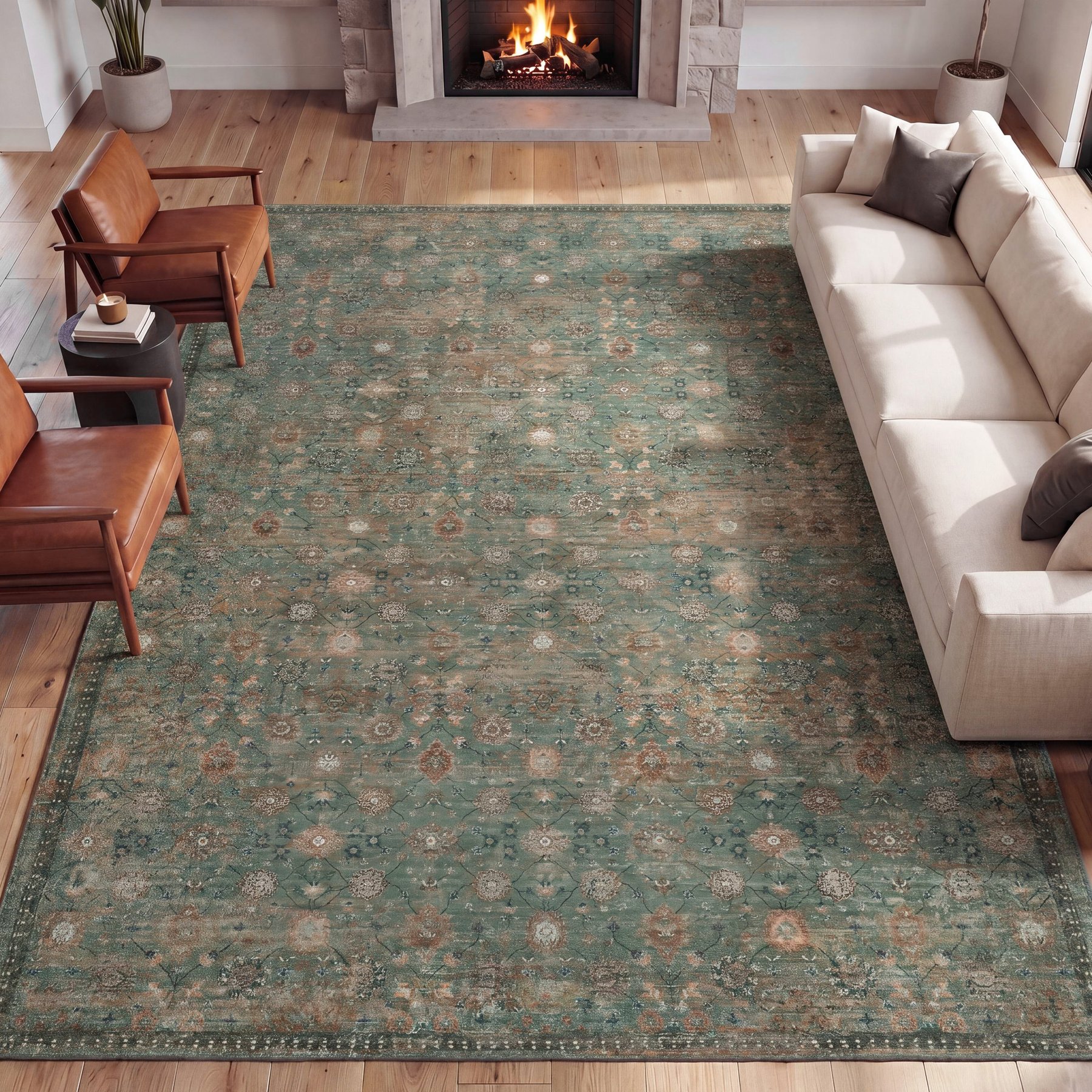 JONATHAN Y Petunia Distressed All-Over Floral Border Non-Slip Machine-Washable Area Rug, Green/Brown, 4 x 6-ft