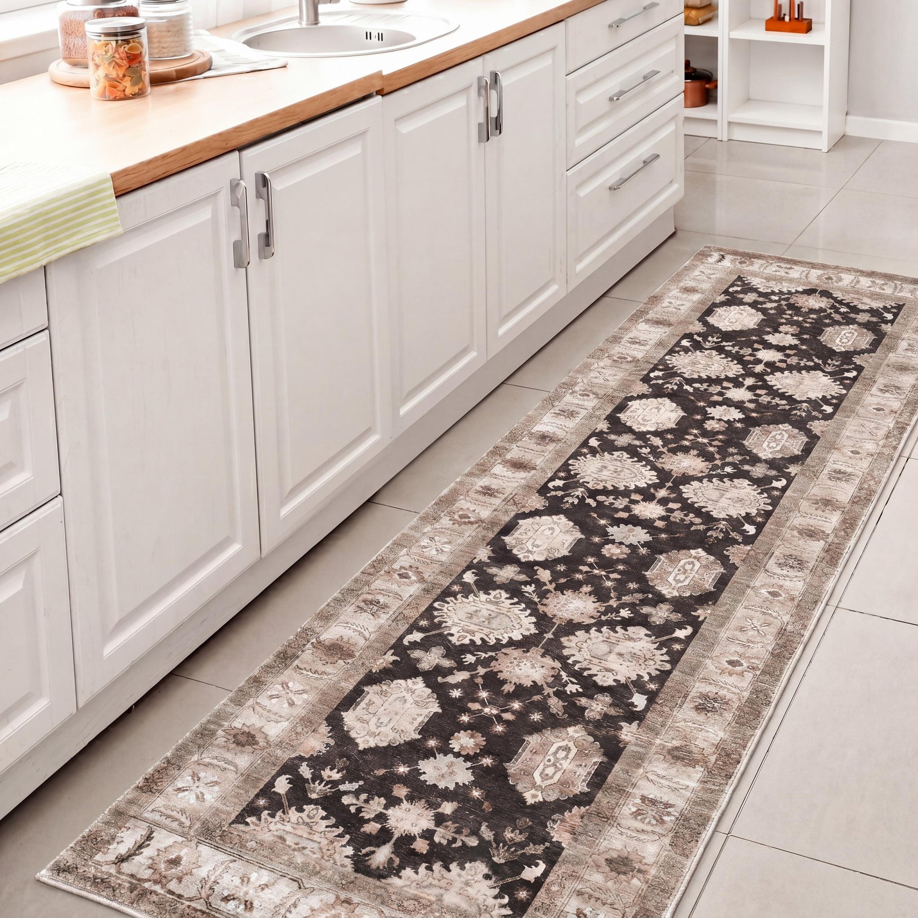 JONATHAN Y Kisara Oushak Style Distressed Border Non-Slip Machine-Washable Area Rug, Charcoal/Beige, 2 x 8-ft