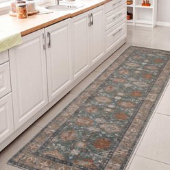 JONATHAN Y Kisara Oushak Style Distressed Border Non-Slip Machine-Washable Area Rug, Green/Brown, 2 x 8-ft