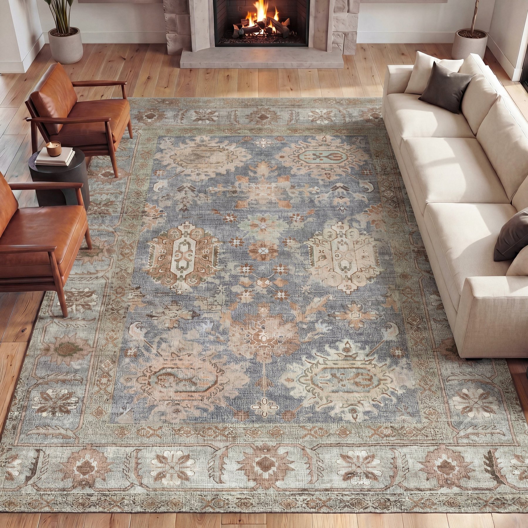 JONATHAN Y Kisara Oushak Style Distressed Border Non-Slip Machine-Washable Area Rug, Khaki/Gray, 3 x 5-ft