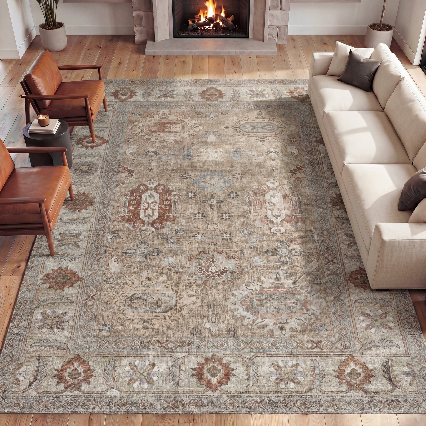 JONATHAN Y Kisara Oushak Style Distressed Border Non-Slip Machine-Washable Area Rug, Beige/Cream, 9 x 12-ft