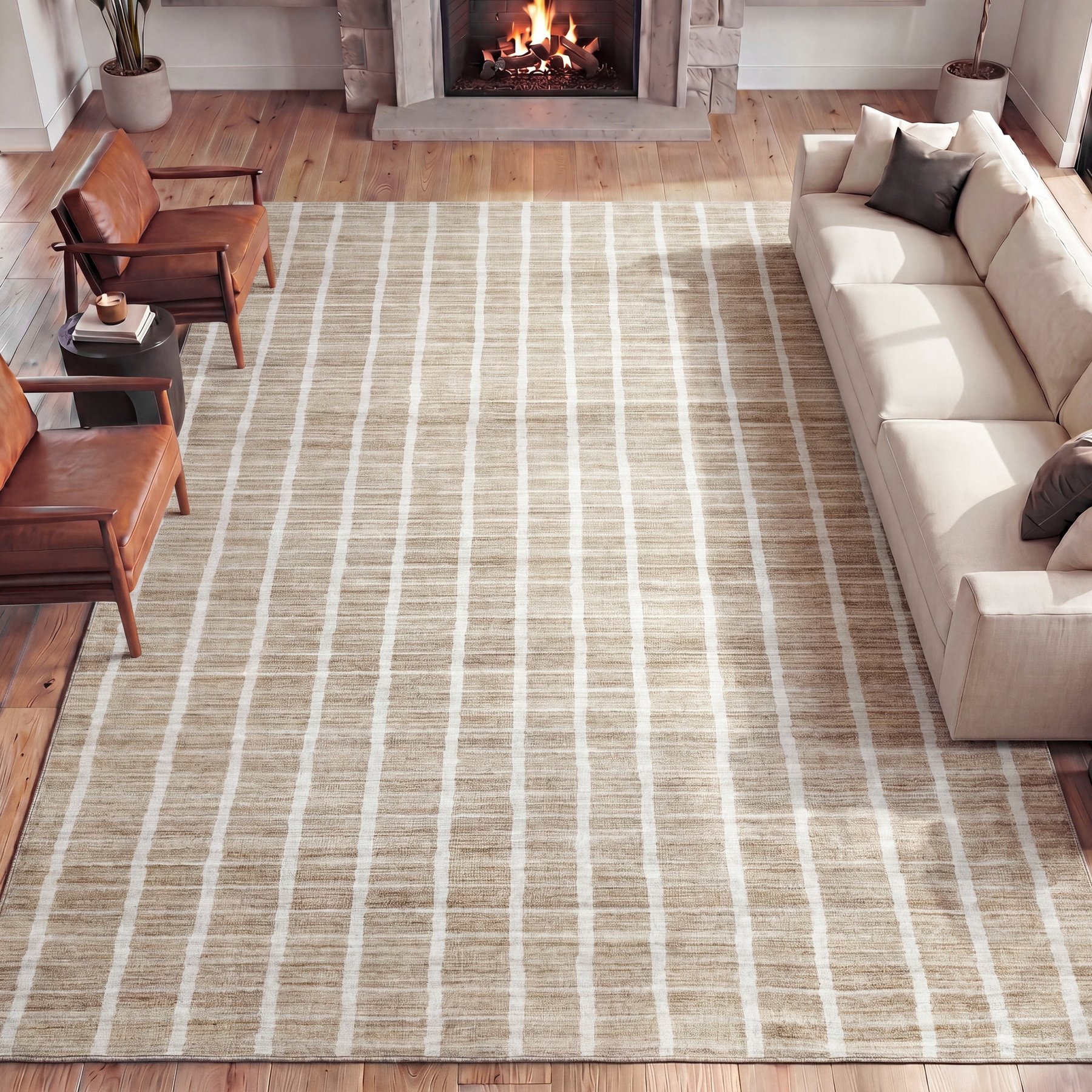 JONATHAN Y Orton Distressed Ticking Stripe Non-Slip Machine-Washable Area Rug, Beige/Cream, 8 x 10-ft