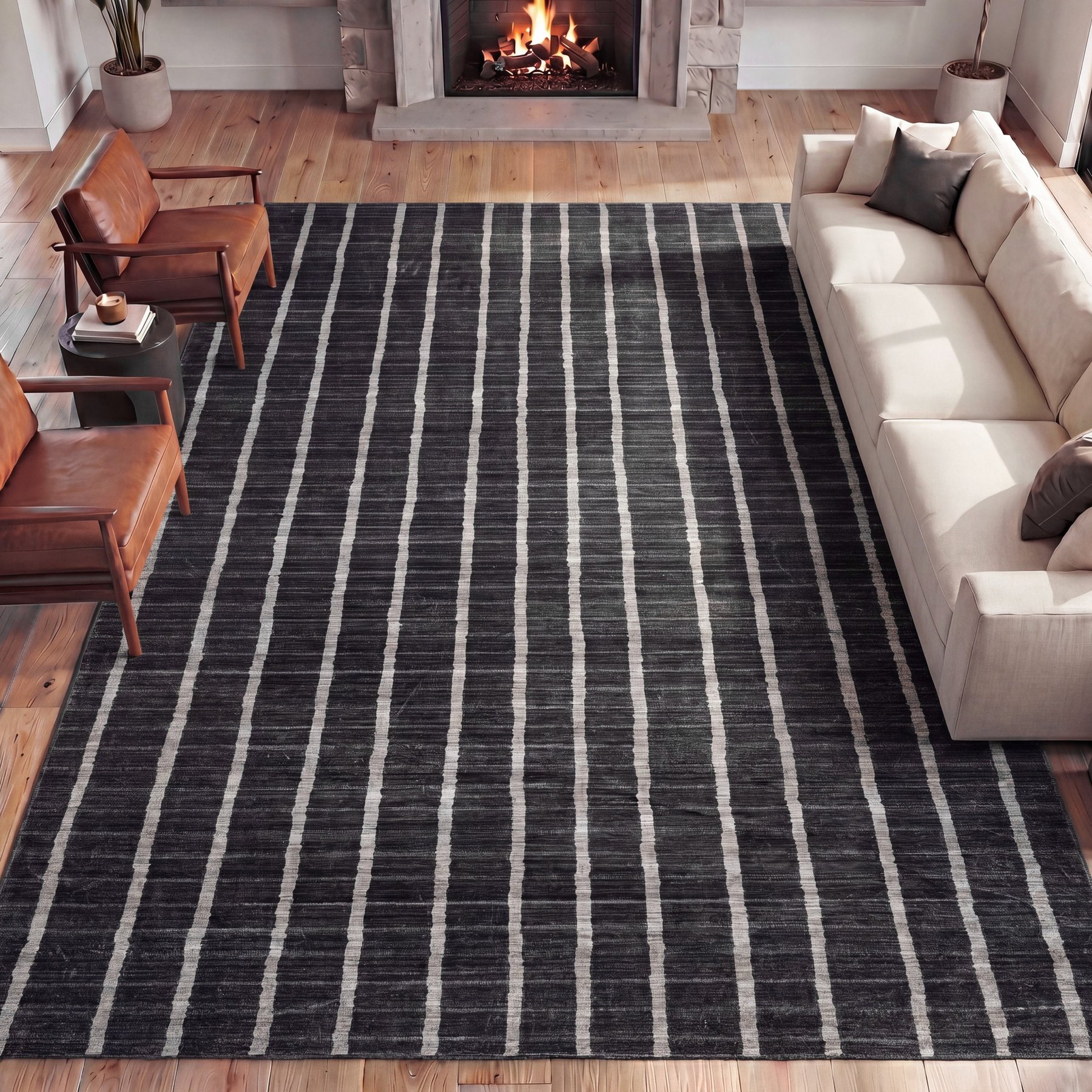 JONATHAN Y Orton Distressed Ticking Stripe Non-Slip Machine-Washable Area Rug, Charcoal/Cream, 4 x 6-ft