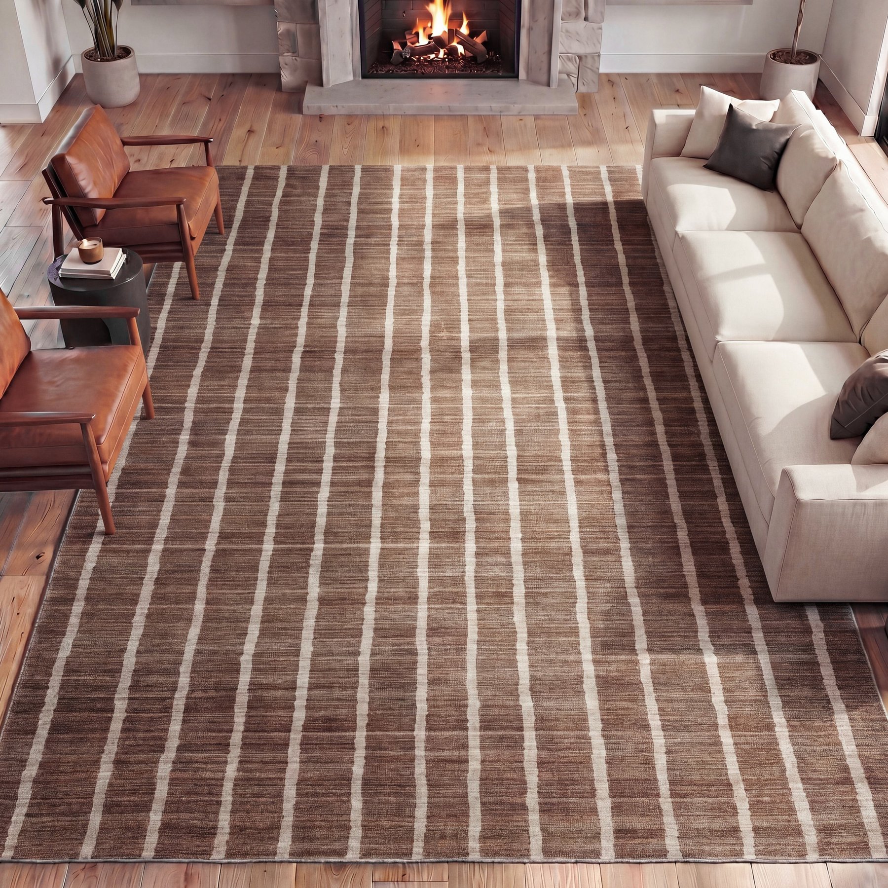 JONATHAN Y Orton Distressed Ticking Stripe Non-Slip Machine-Washable Area Rug, Brown/Cream, 5 x 8-ft