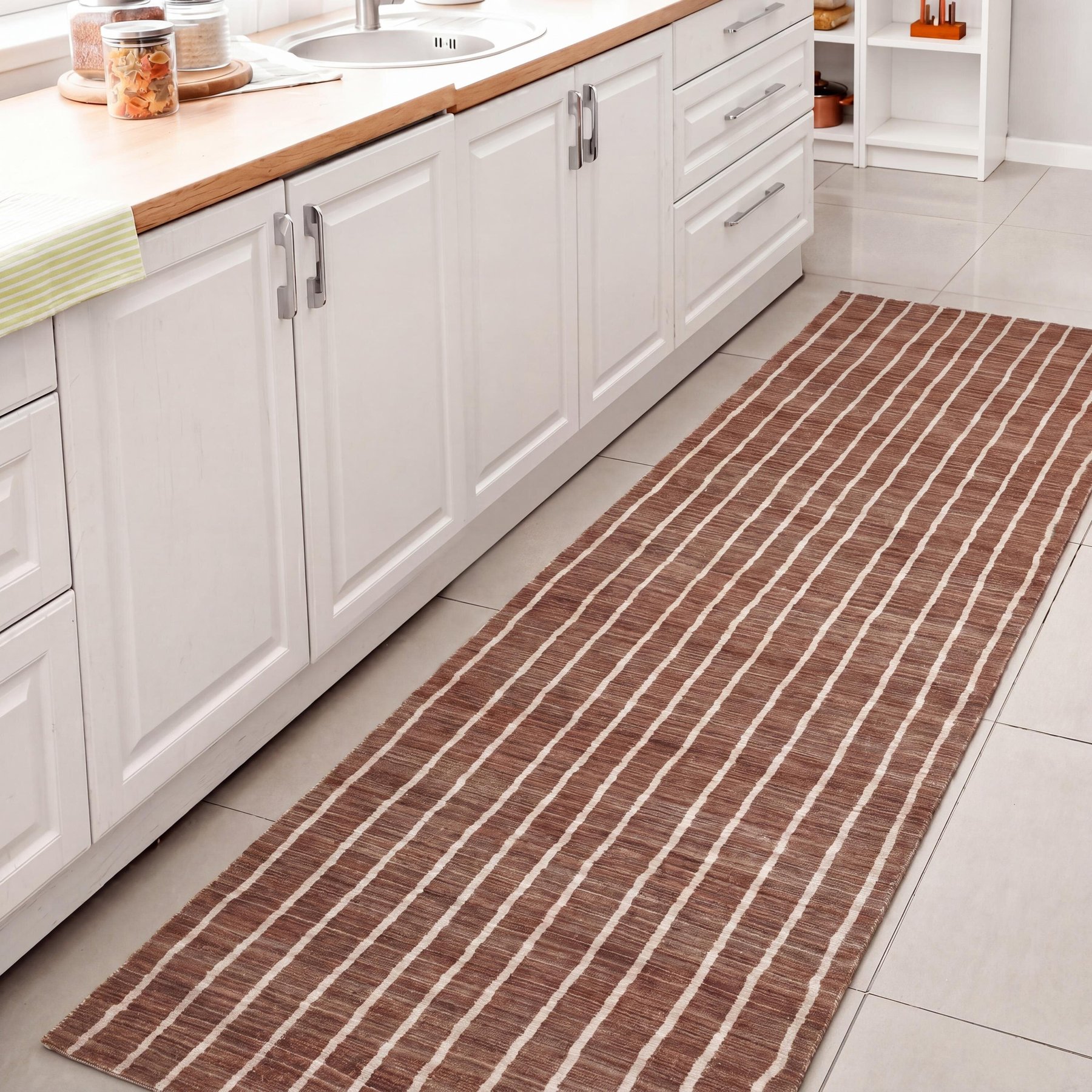 JONATHAN Y Orton Distressed Ticking Stripe Non-Slip Machine-Washable Area Rug, Brown/Cream, 2 x 8-ft