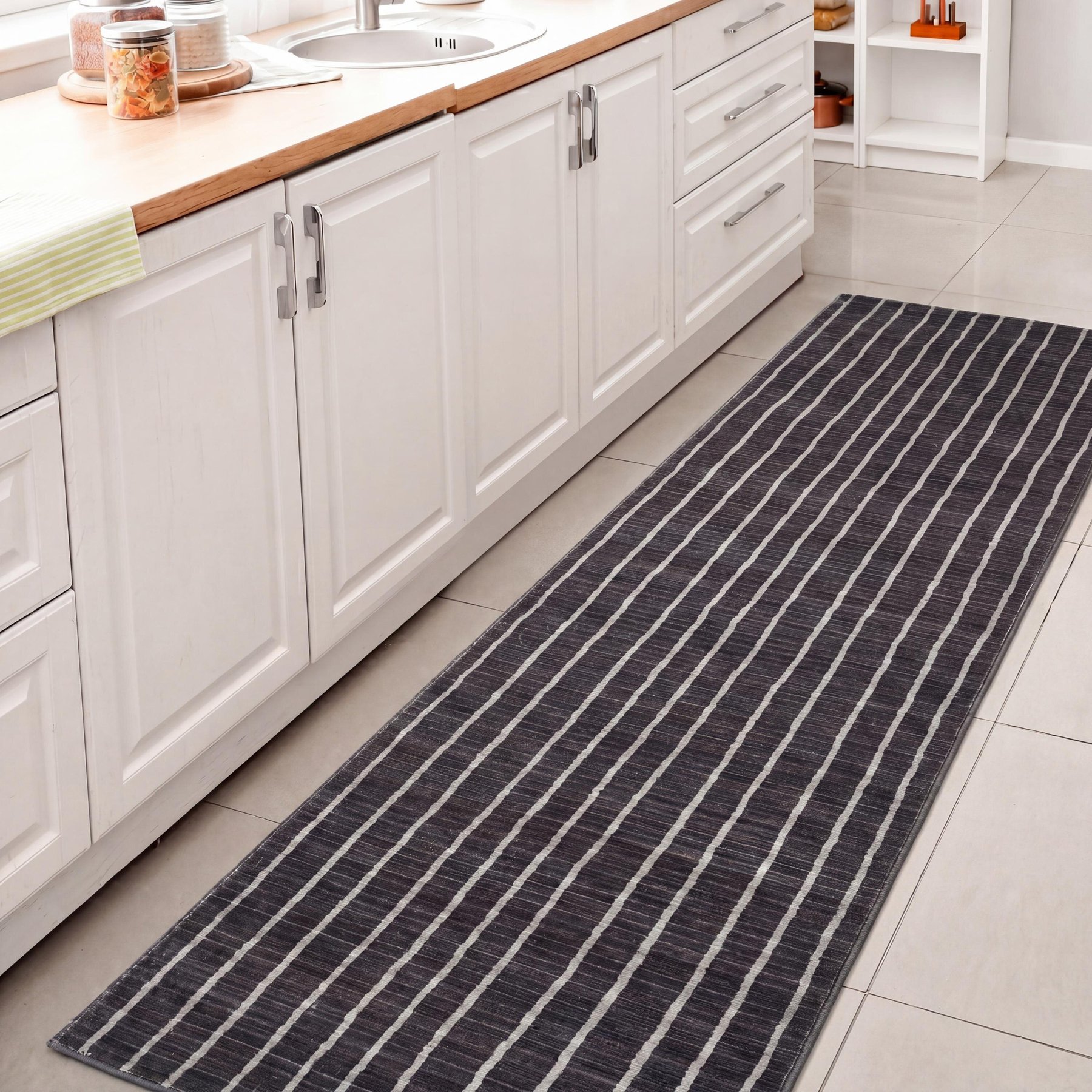 JONATHAN Y Orton Distressed Ticking Stripe Non-Slip Machine-Washable Area Rug, Charcoal/Cream, 2 x 8-ft