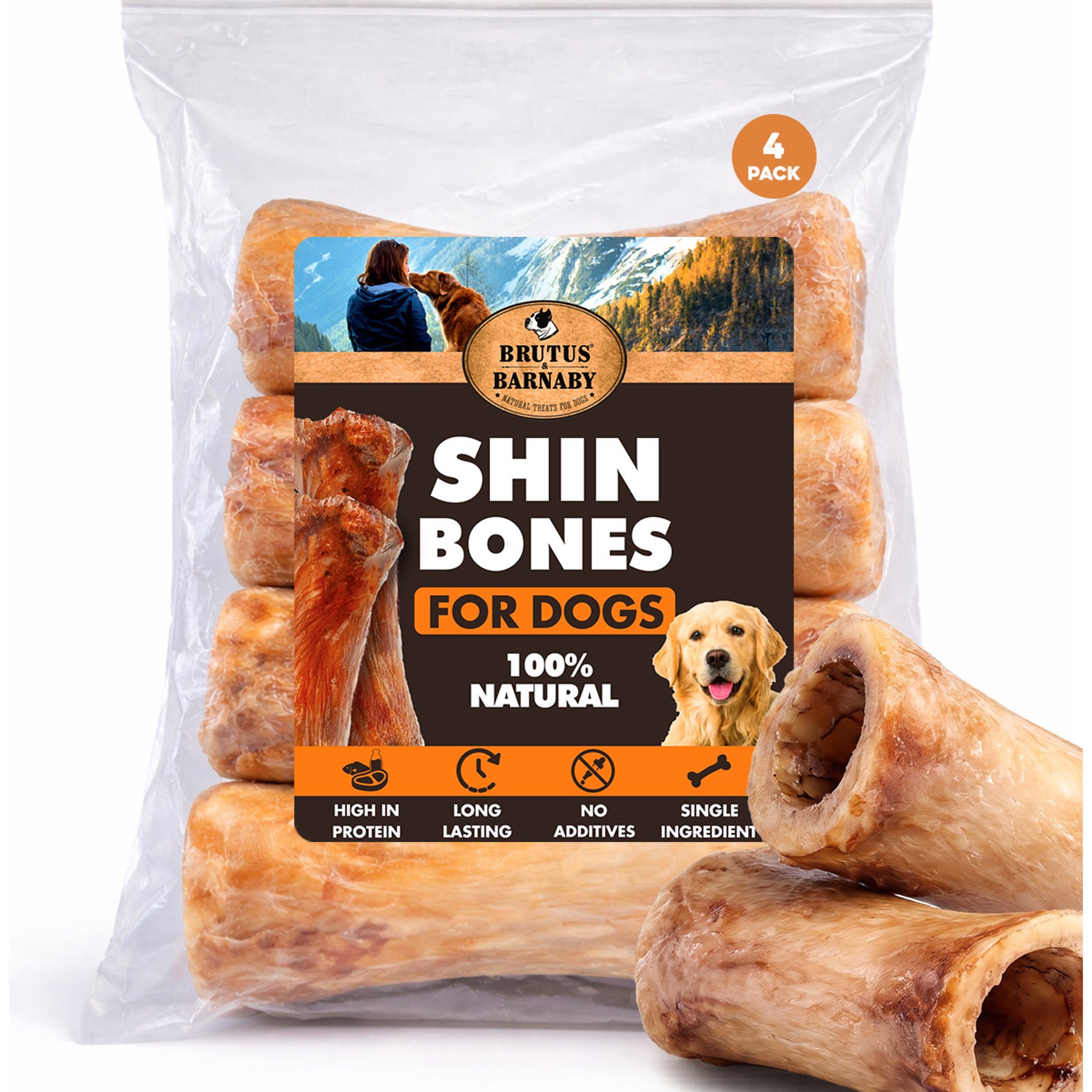 Brutus & Barnaby 100% USA Beef High Protein Long-Lasting 5 to 6-in Shin Bone Dog Chews, 4 count