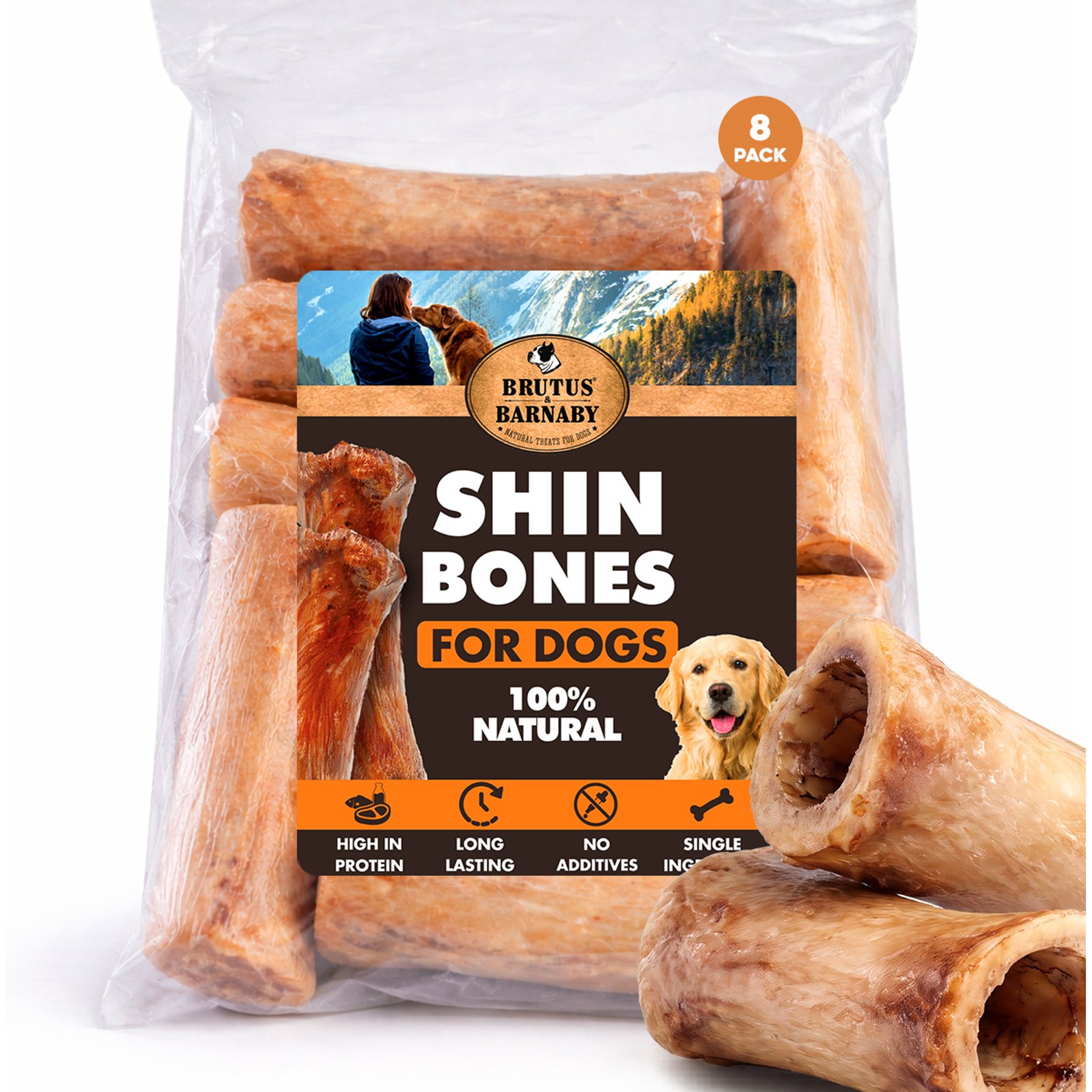 Brutus & Barnaby 100% USA Beef High Protein Long-Lasting 5 to 6-in Shin Bone Dog Chews, 8 count