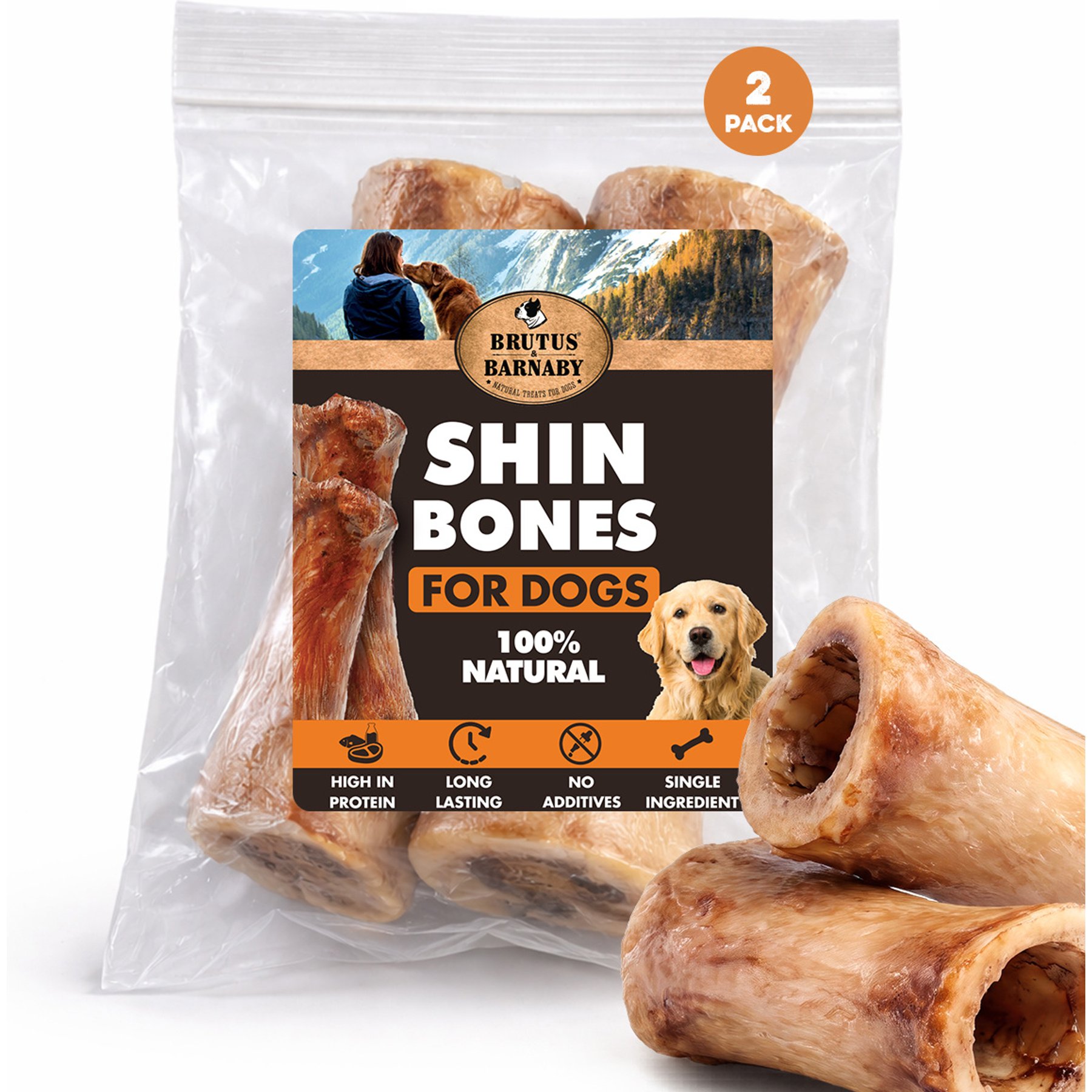 Brutus & Barnaby 100% USA Beef High Protein Long-Lasting 5 to 6-in Shin Bone Dog Chews, 2 count