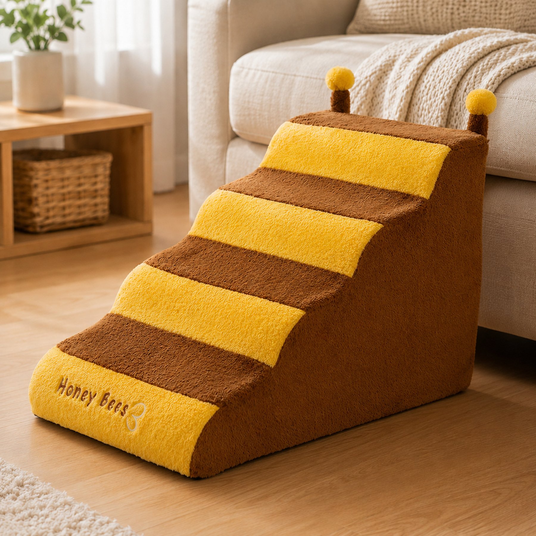 NonoPets Portable Non-Slip Dog Stairs Ramp with Removable & Washable Cover, Brown/Yellow, 4 steps