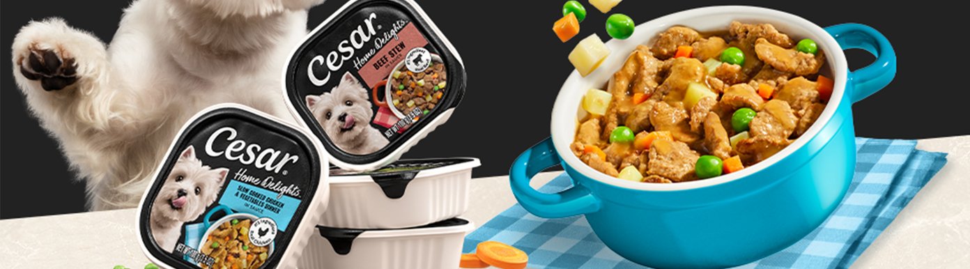 Every Cesar Home Delights recipe is complete and balanced for adult dogs and made with carefully selected, high-quality ingredients. Real meat or poultry is the first ingredient to help support healthy muscles, while every recipe is crafted to provide a satisfying meal dogs love. The tender texture and rich flavor make every bite enjoyable.