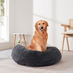 Sweet Home Collection Round Calming Shaggy Faux Fur Donut Machine-Washable Covered Dog Bed, Dark Grey, Large