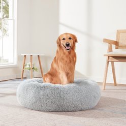 Sweet Home Collection Round Calming Shaggy Faux Fur Donut Machine-Washable Covered Dog Bed, Silver, Large