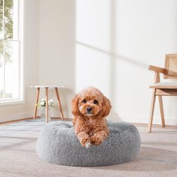 Sweet Home Collection Round Calming Shaggy Faux Fur Donut Machine-Washable Covered Dog Bed, Silver, Medium