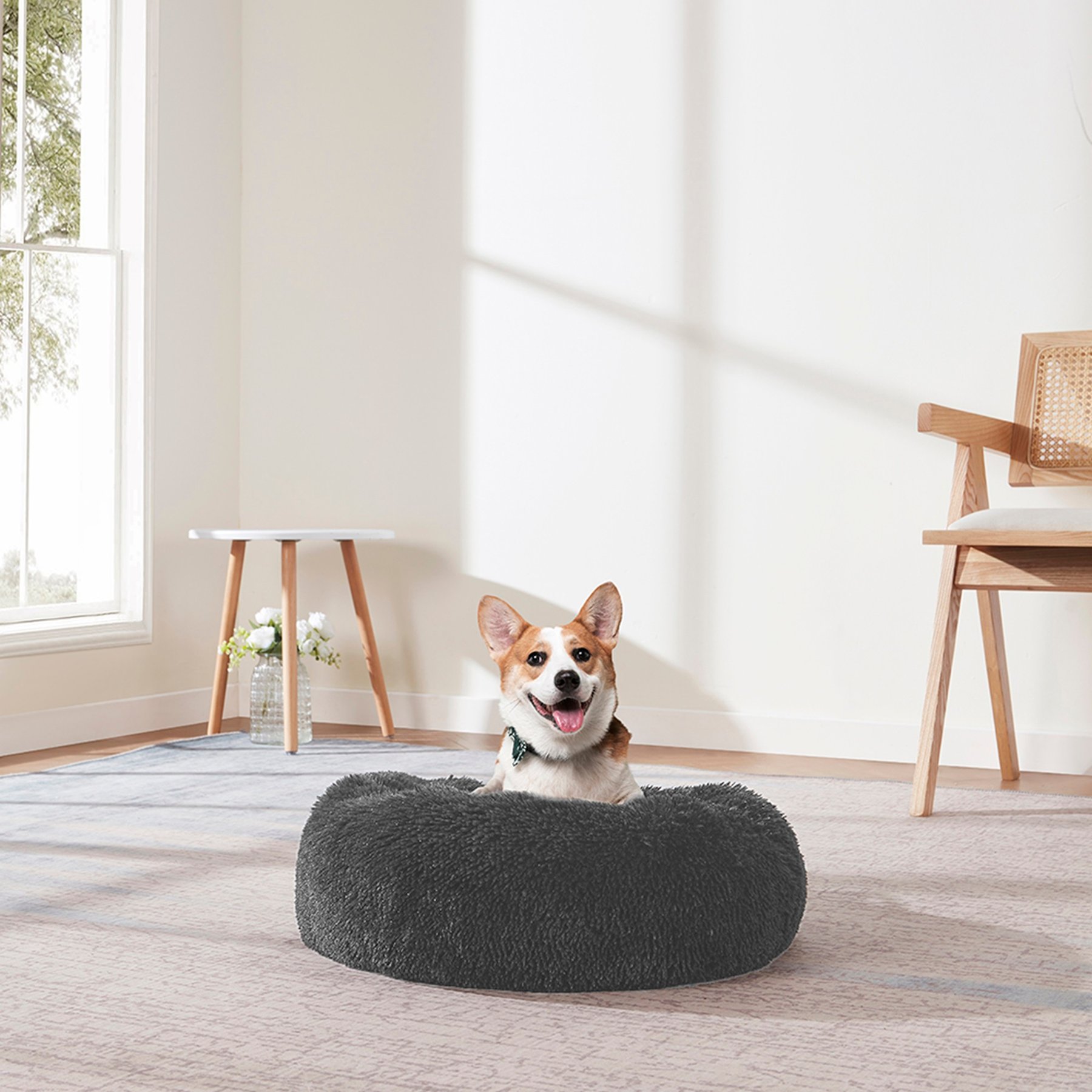 Sweet Home Collection Round Calming Shaggy Faux Fur Donut Machine-Washable Covered Dog Bed, Dark Grey, Small