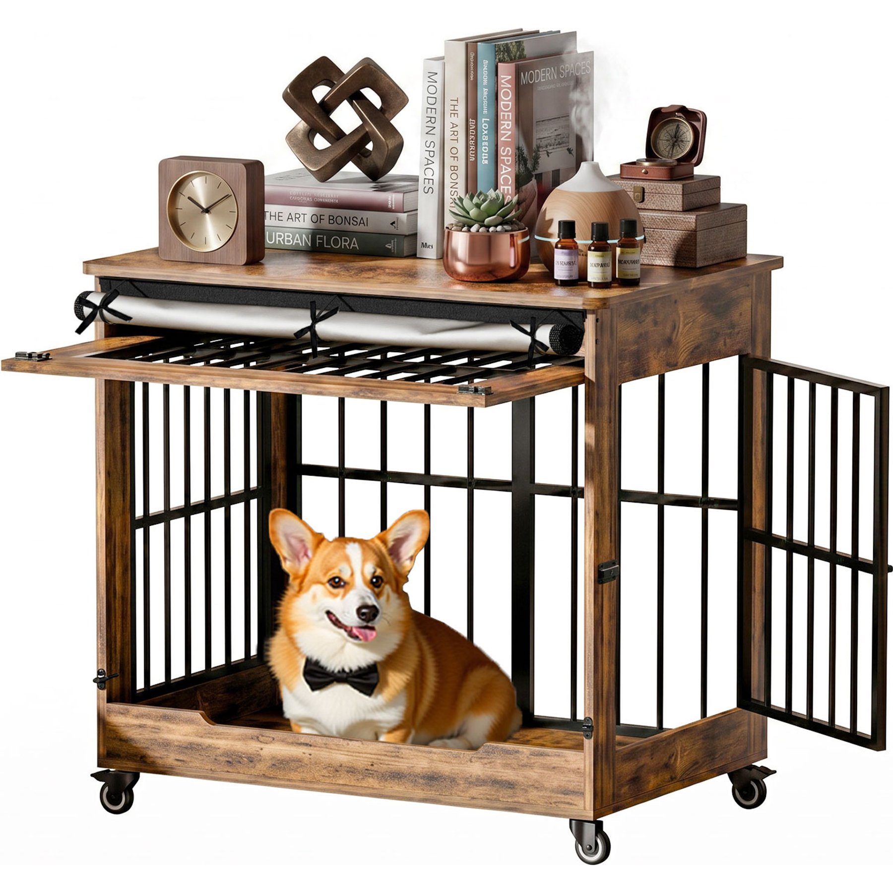 Cesicia Double Door with Wheels Indoor Wooden Locking Dog Crate, 32-in, Medium, Vintage Brown