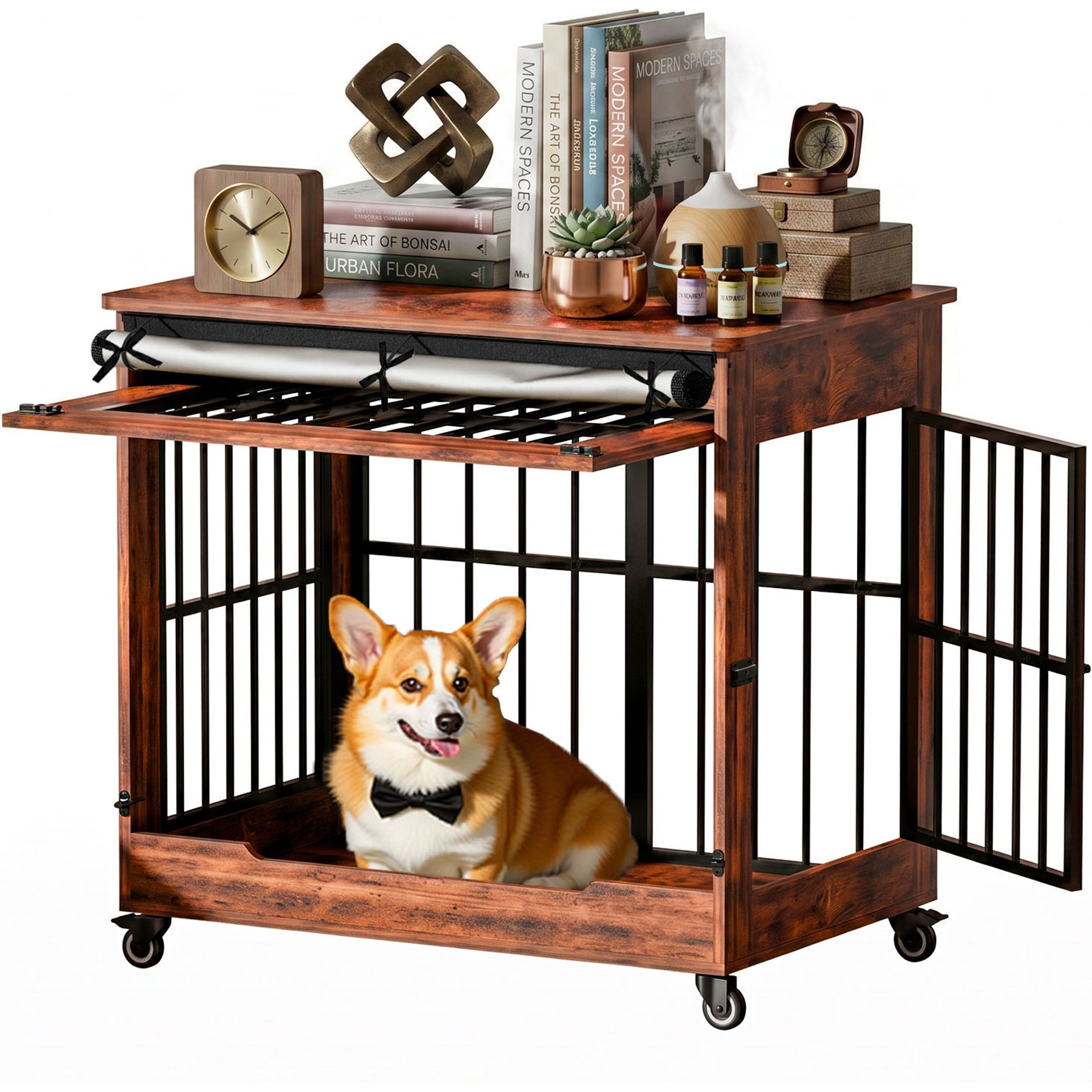 Cesicia Double Door with Wheels Indoor Wooden Locking Dog Crate, 32-in, Medium, Rustic Brow