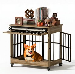 Cesicia Double Door with Wheels Indoor Wooden Locking Dog Crate, 32-in, Medium, Greige