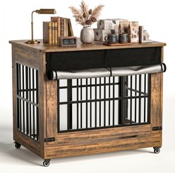 Cesicia Doube Door Cage End Table Wooden Locking Dog Crate with Wheels, Vintage Brown, X-Large: 42-in