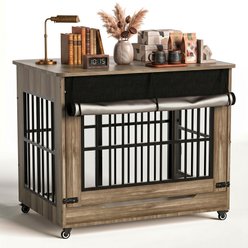 Cesicia Doube Door Cage End Table Wooden Locking Dog Crate with Wheels, Greige, X-Large: 42-in