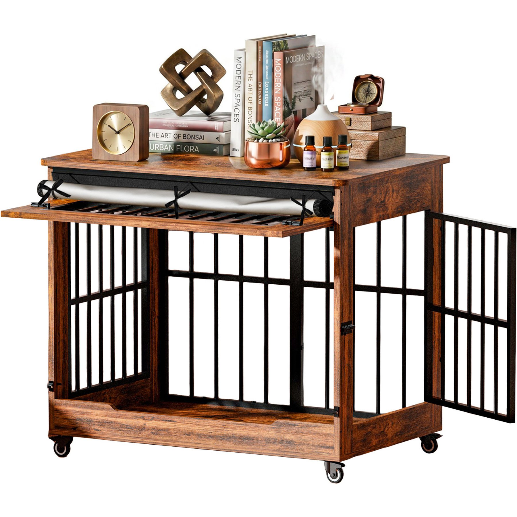 Cesicia Doube Door Cage End Table Wooden Locking Dog Crate with Wheels, Rustic Brown, Large: 38-in