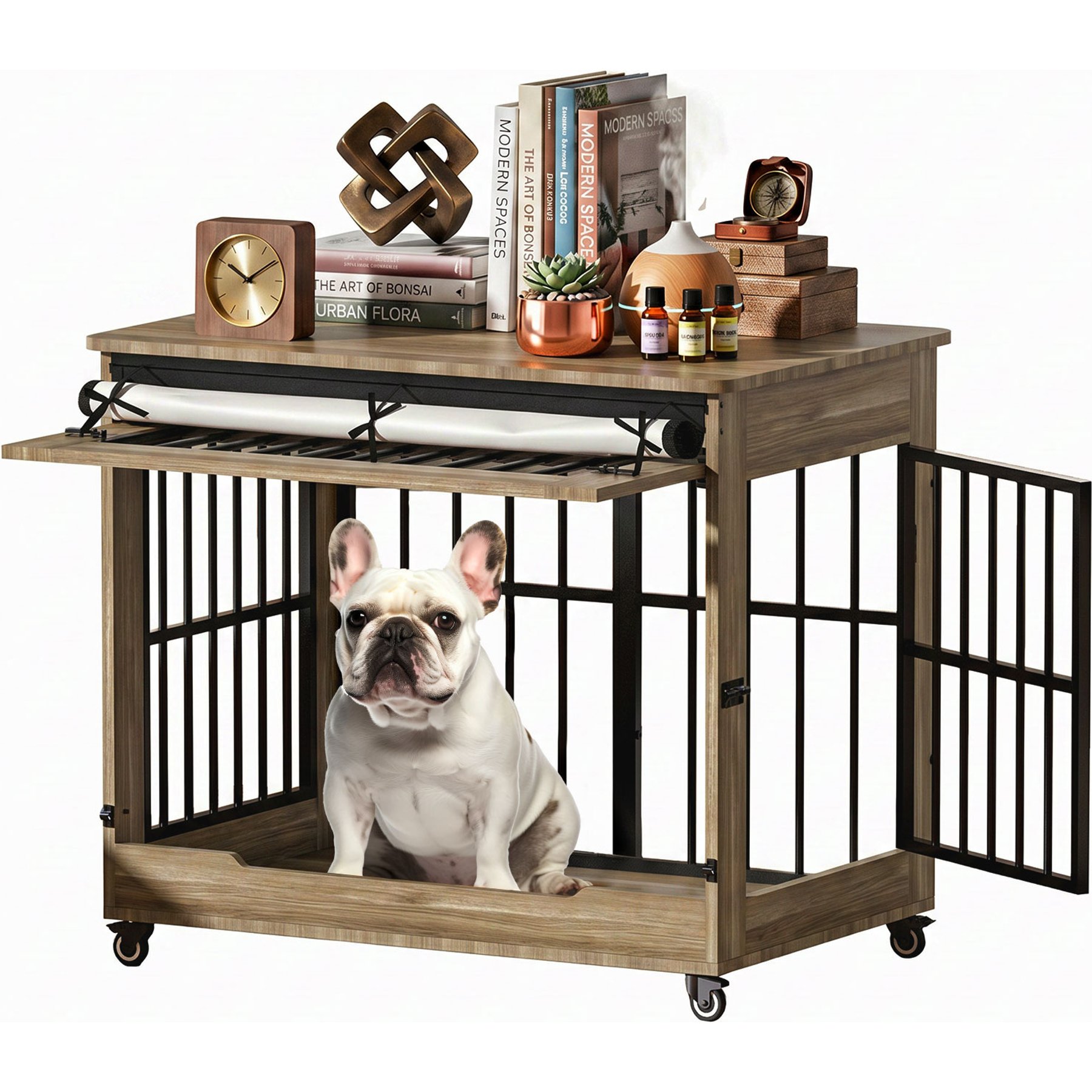 Cesicia Doube Door Cage End Table Wooden Locking Dog Crate with Wheels, Greige, Large: 38-in