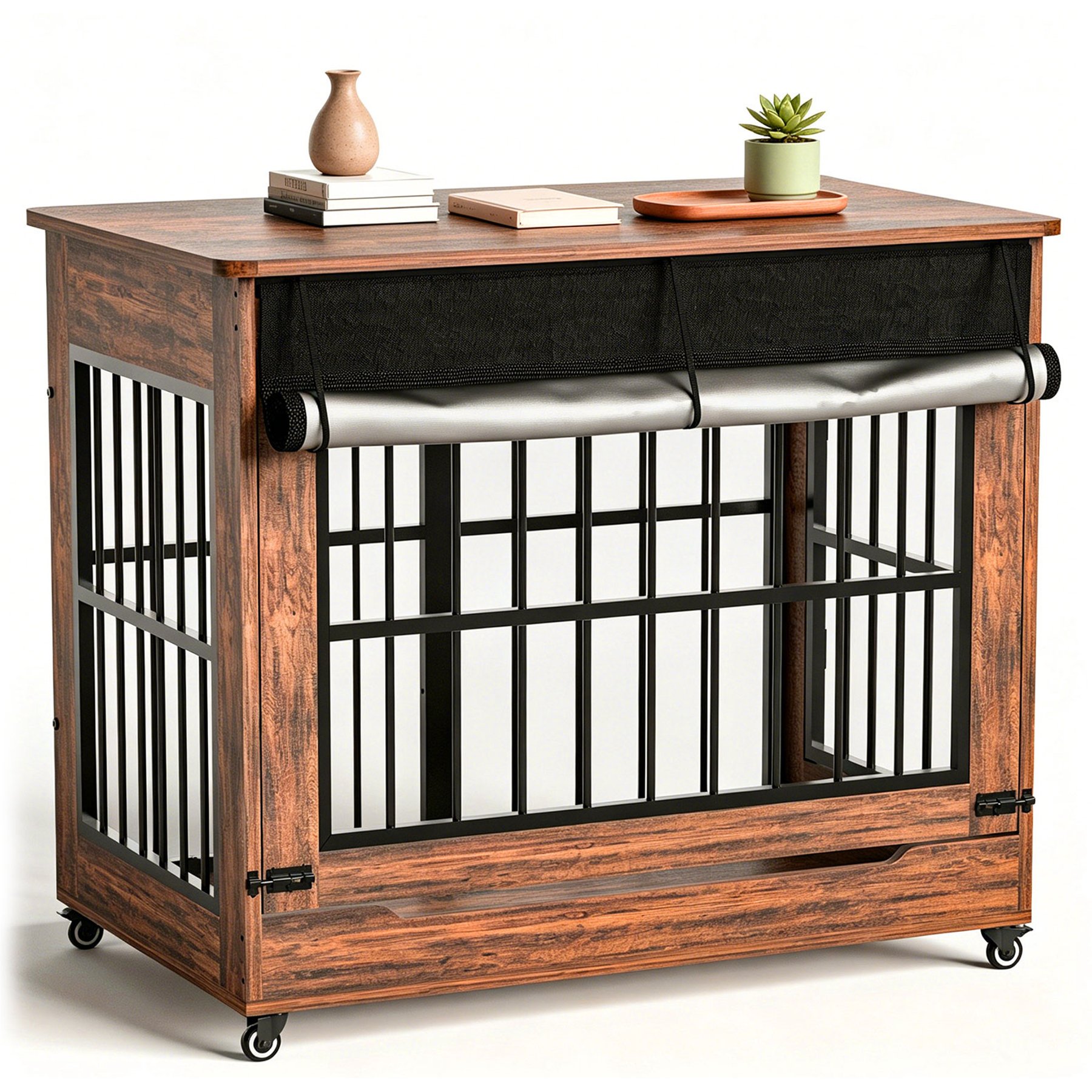 Cesicia Doube Door Cage End Table Wooden Locking Dog Crate with Wheels, Rustic Brown, XX-Large: 46-in