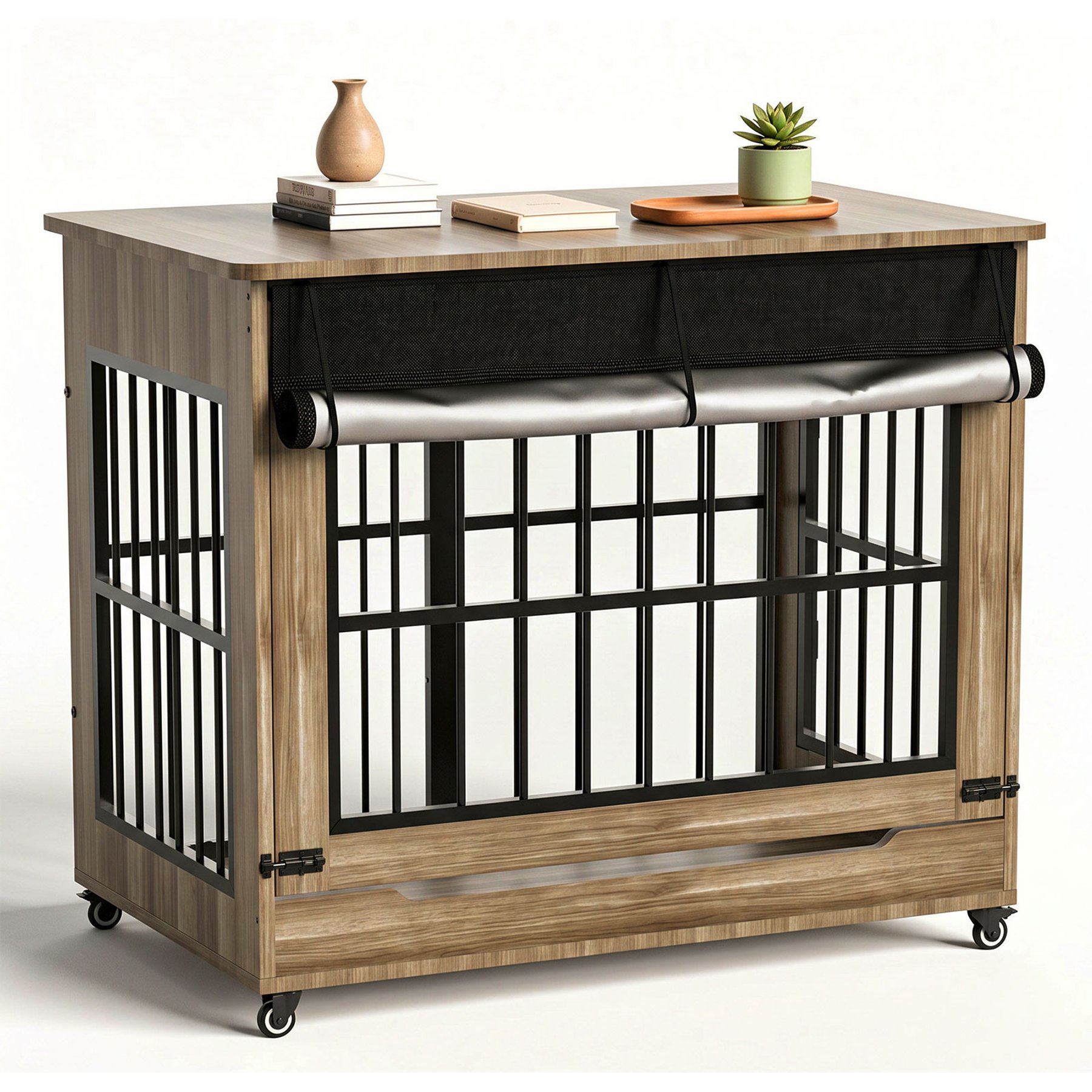 Cesicia Doube Door Cage End Table Wooden Locking Dog Crate with Wheels, Greige, XX-Large: 46-in