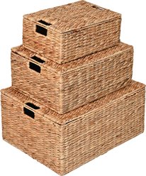 happimess Brooks Classic Farmhouse Woven Hyacinth Rectangular Storage Dog & Cat Basket with Lid & Handle, Natural, 3 count