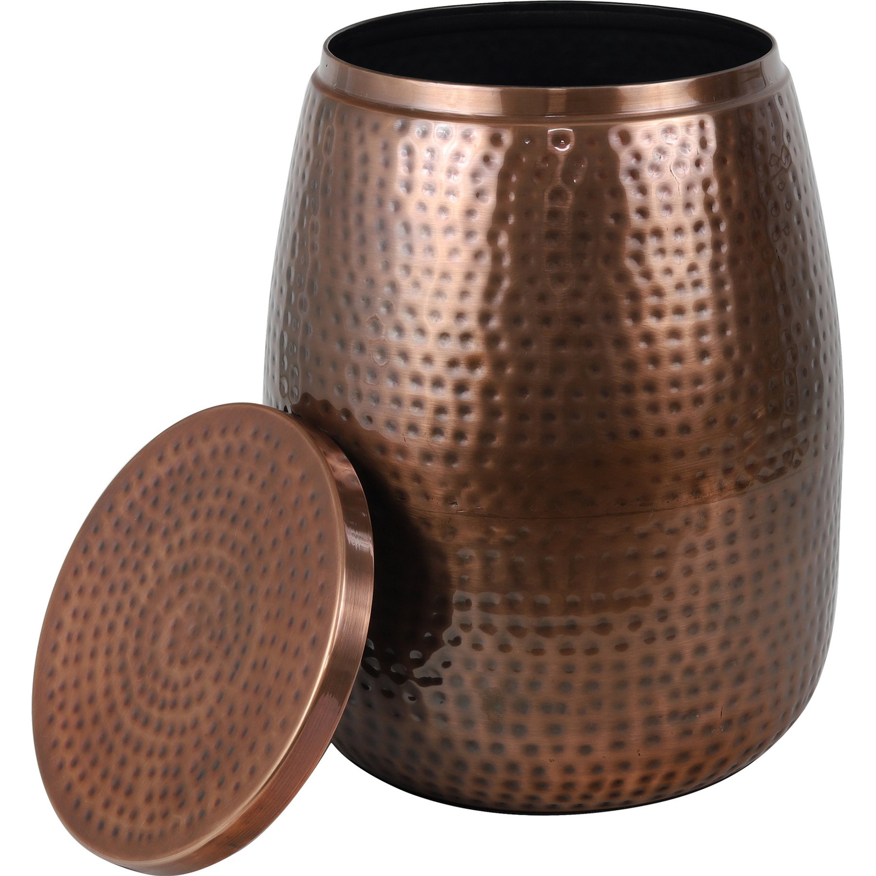 happimess Merida Modern Rustic Hammered Metal Drum Storage Side Table Dog & Cat Toy Bin with Lid, Antique Copper, 15-in, 1 count