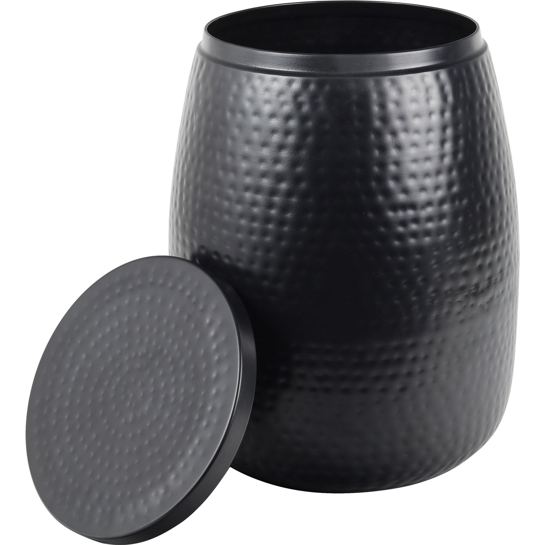 happimess Merida Modern Rustic Hammered Metal Drum Storage Side Table Dog & Cat Toy Bin with Lid, Matte Black, 15-in, 1 count