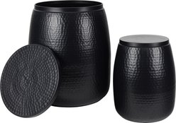 happimess Merida Modern Rustic Hammered Metal Drum Storage Side Table Dog & Cat Toy Bin with Lid, Matte Black, 15-in, 2 count
