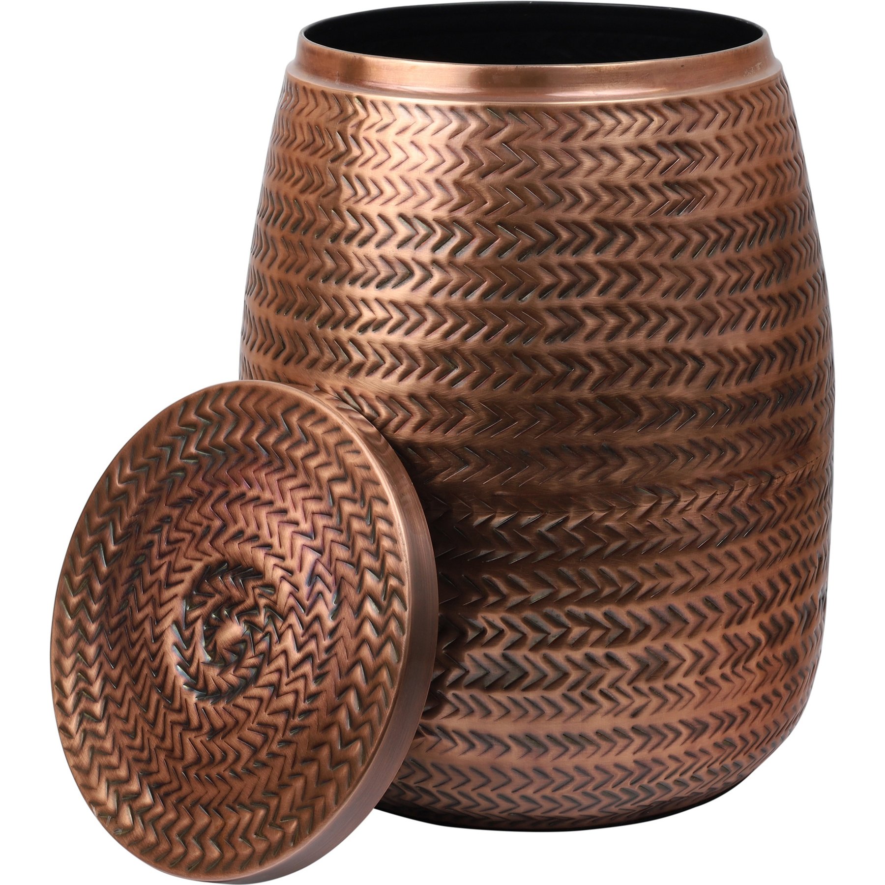 happimess Jasper Modern Rustic Arrow-Hammered Metal Drum Storage Side Table Dog & Cat Toy Bin with Lid, 15-in, Antique Copper, Antique Copper