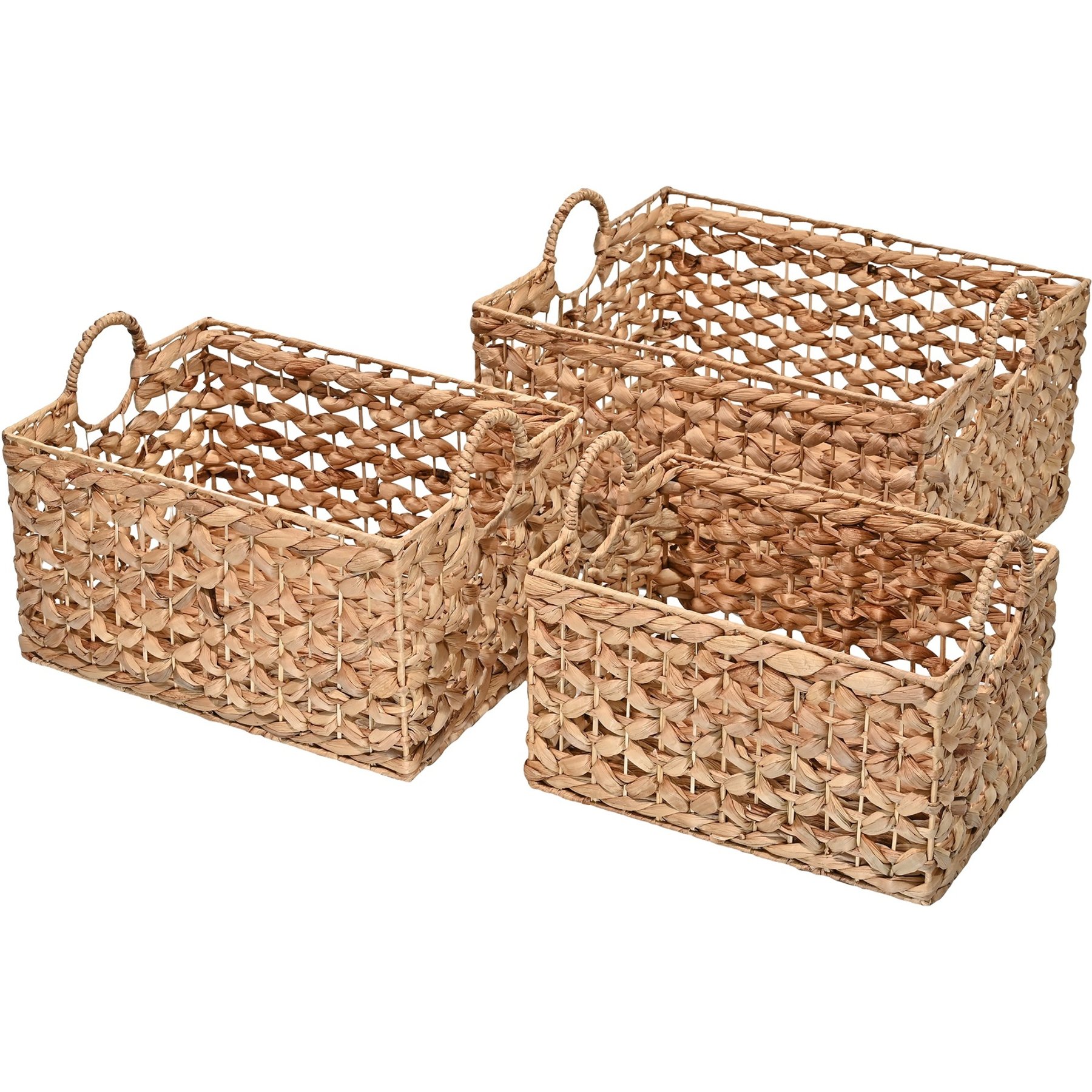 happimess Quinn Bohemian Cottage Woven Hyacinth Rectangular Storage Dog & Cat Basket with Handle, Natural, 3 count