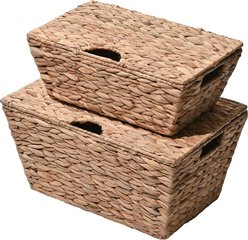 happimess Wilder Classic Farmhouse Woven Hyacinth Rectangular Storage Dog & Cat Basket with Lid & Handle, 2 count, Natural