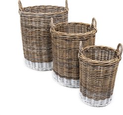 happimess Ternion Cottage Hand-Woven Rattan Nesting Dog & Cat Basket with Handle, Kubu Gray/White, 3 count