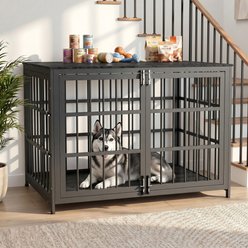 Rupzen Double-Door Chew-Resistant Escape-Proof Wood-Grain Side Table Dog Crate, Black, 42 Inch
