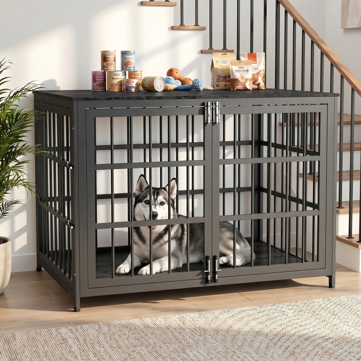 Rupzen Double-Door Chew-Resistant Escape-Proof Wood-Grain Side Table Dog Crate, Black, 42 Inch