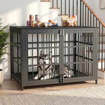 Rupzen Rupzen Double-Door Chew-Resistant Escape-Proof Wood-Grain Side Table Dog Crate, Black, 42 Inch